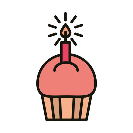 happy birthday sweet cupcake with candle celebration party, line and fill style vector illustrationのイラスト素材