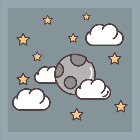 weather whole moon clouds and stars night background vector illustration line and fill styleのイラスト素材
