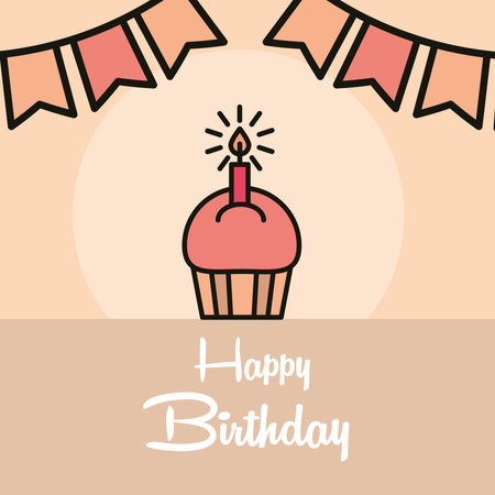 happy birthday celebration party cupcake with candle and pennants card vector illustrationのイラスト素材