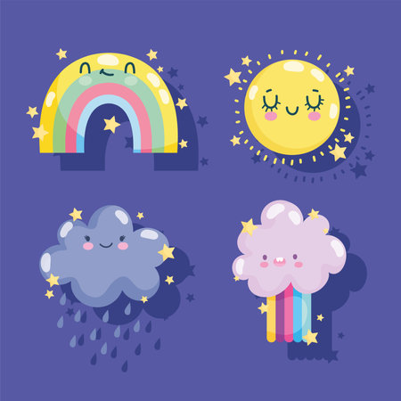 weather icons set cute rainbow sun cloud rain rainbow funny decoration purple background vector illustrationのイラスト素材