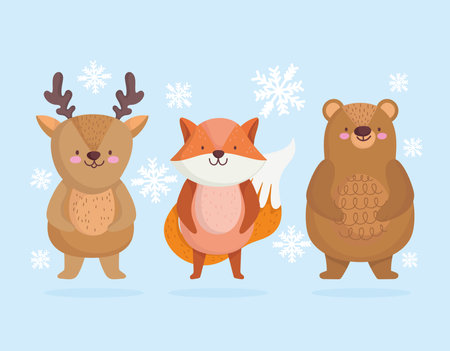 cute little reindeer bear and fox animal with stars in cartoon design vector illustrationのイラスト素材