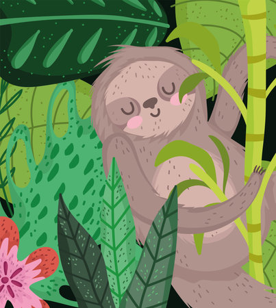 sloth hanging on tree branch flower leaves safari cartoon vector illustrationのイラスト素材