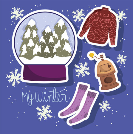 winter snowball socks sweater and wood stove icons set vector illustrationのイラスト素材