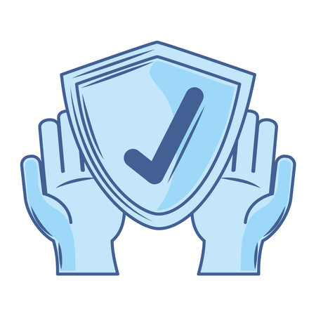 covid 19 coronavirus investigation hands with shield protection vector illustration blue iconのイラスト素材