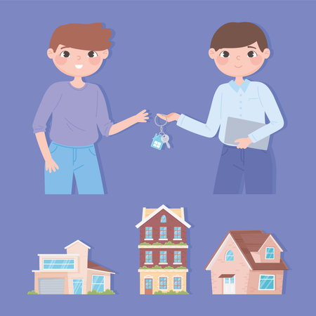 new home, agent with keys owner man building and houses icons vector illustrationのイラスト素材