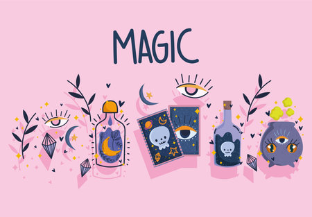 magic tarot card potion spell bottle cauldron design vector illustrationのイラスト素材