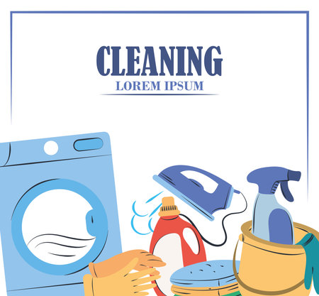 cleaning supplies, washing machine laundry iron spray bucket and gloves vector illustrationのイラスト素材