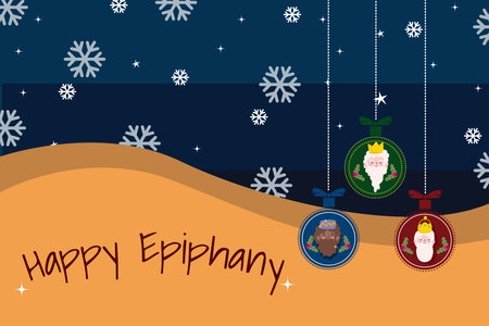 happy epiphany, three wise kings in hanging balls, snowflakes decoration vector illustration