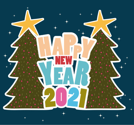 happy new year pine trees with star and funny lettering card vector illustrationのイラスト素材