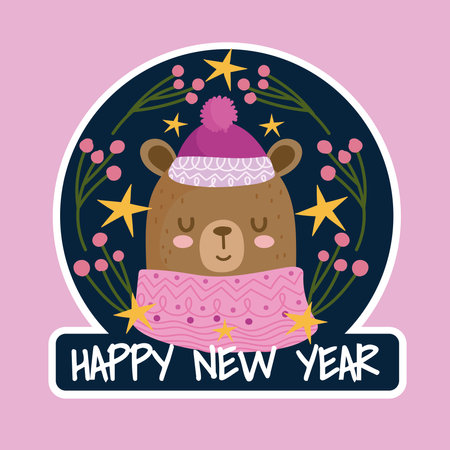 happy new year cute bear with sweater and hat card vector illustrationのイラスト素材