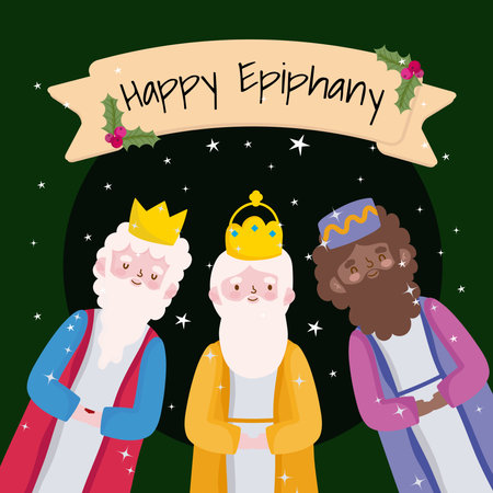 happy epiphany, three wise kings cartoon ribbon and holly berry vector illustrationのイラスト素材