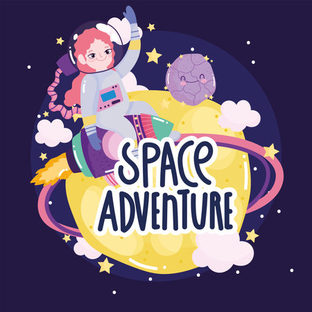 space astronaut girl in spacecraft planet moon explore orbit cute cartoon vector illustrationのイラスト素材