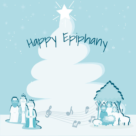 happy epiphany, three wise kings baby jesus maria and jesus, sing christmas carols vector illustrationのイラスト素材