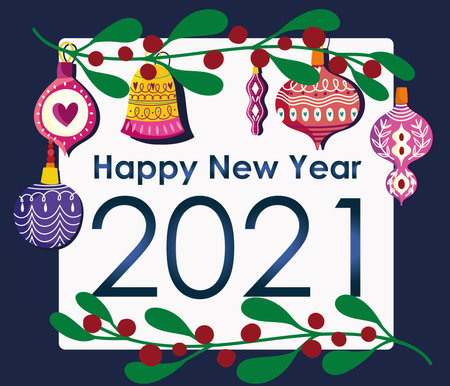 happy new year banner with hanging balls and holly leaves with berries vector illustrationのイラスト素材
