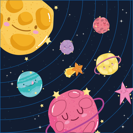 space solar system planets sun star galaxy adventure cute cartoon vector illustrationのイラスト素材