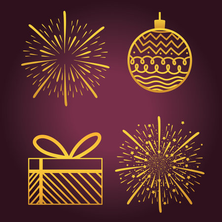 happy new year 2021 golden icons set ball gift box and fireworks vector illustrationのイラスト素材