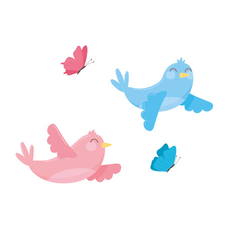 cute flying birds and butterflies cartoon white background vector illustrationのイラスト素材