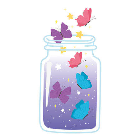 jar terrarium cute butterflies cartoon icon white background vector illustrationのイラスト素材