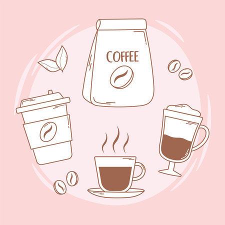 coffee package disposable cup and frappe in brown line vector illustrationのイラスト素材