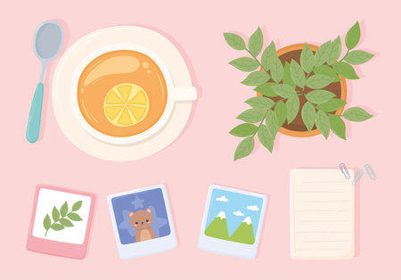workspace office paper pictures tea cup and plant in pot, top view design vector illustrationのイラスト素材