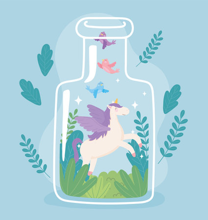 jar terrarium with unicaorn cartoon animal plants decoration cartoon vector illustrationのイラスト素材