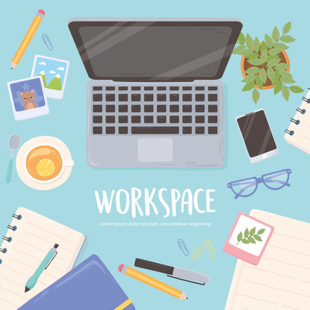 workspace office laptop phone book paper pen pencil glasses tea cup and plant, top view design vector illustrationのイラスト素材