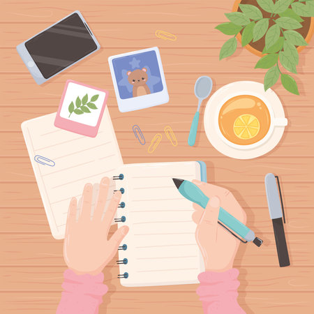 workspace office hands written with pen, mobile tea cup and plant top view design vector illustrationのイラスト素材
