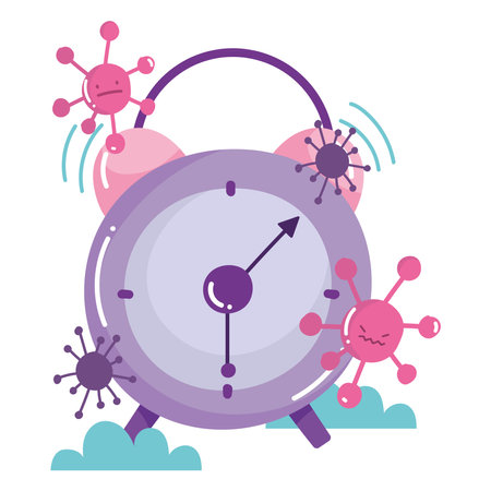 covid 19 virus cartoons and clock design of 2019 ncov cov and coronavirus theme Vector illustrationのイラスト素材