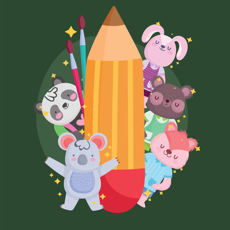 Back to school animals cartoons with pencil design, eduacation class and lesson theme Vector illustrationのイラスト素材