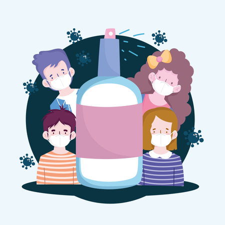 New normal people cartoons with masks and spray bottle design of Covid 19 virus theme Vector illustrationのイラスト素材