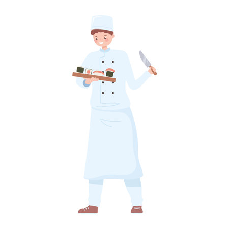young chef holds sushi rolls in cutting board and knife vector illustrationのイラスト素材