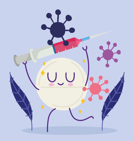 covid 19 virus and pill cartoon with injection design of 2019 ncov cov and coronavirus theme Vector illustrationのイラスト素材