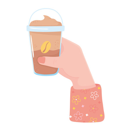 female hand with frappe cup, fresh hot beverage vector illustrationのイラスト素材