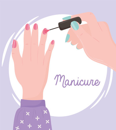 manicure, female hand painting nails or applying nail polish vector illustrationのイラスト素材