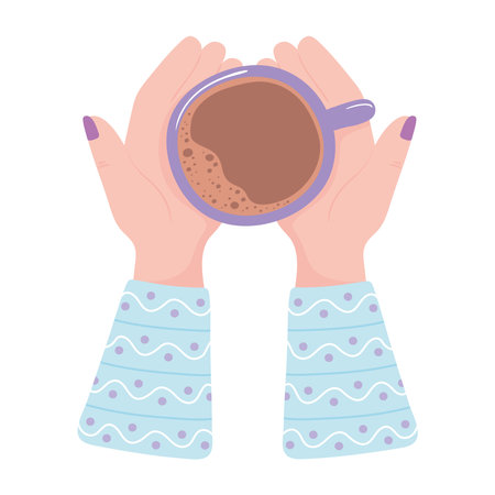 top view female hands with coffee cup, fresh hot beverage vector illustrationのイラスト素材