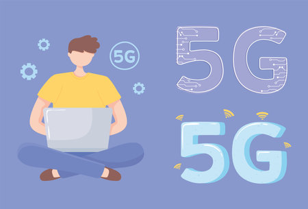 5G network man working behind a laptop cartoon design vector illustrationのイラスト素材