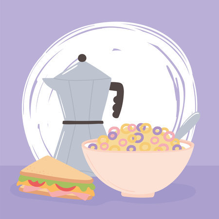 breakfast moka pot cereal and sandwich delicious food cartoon vector illustrationのイラスト素材