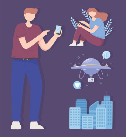 man and woman with mobile drone smart city, 5G network wireless technology vector illustrationのイラスト素材
