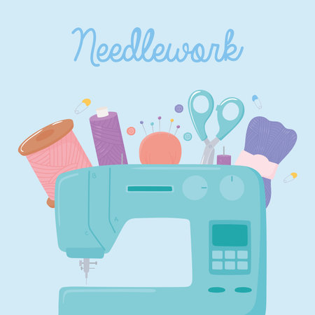 sewing machine spools of thread scissors pins and wool ball vector illustration vector illustrationのイラスト素材