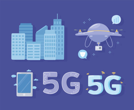 5G smartphone drone city connection internet wireless technology vector illustrationのイラスト素材