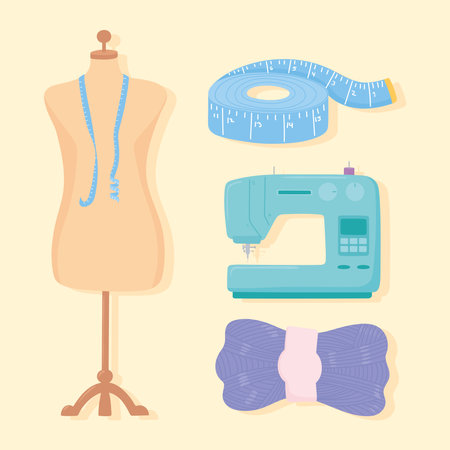 needlework clothing mannequin machine measuring tape and wool ball vector illustrationのイラスト素材
