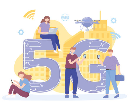 people with gadgets use high speed internet 5G network wireless technology vector illustrationのイラスト素材