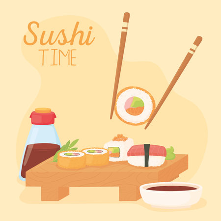 sushi time, chopstick with roll sauce soy and various rolls vector illustrationのイラスト素材