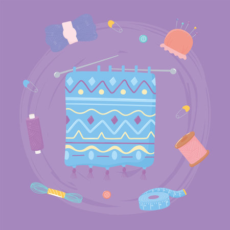 knitting with needles of yarn, measuring tape scissors and yarn skeins vector illustration