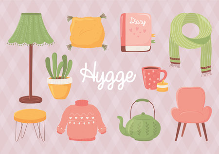 cartoon hygge sweater chair cup teapot plant cushion and book style vector illustrationのイラスト素材