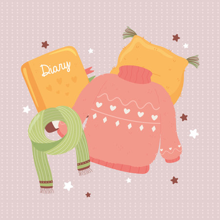 sweater scarf book and cushion, cartoon hygge style vector illustrationのイラスト素材