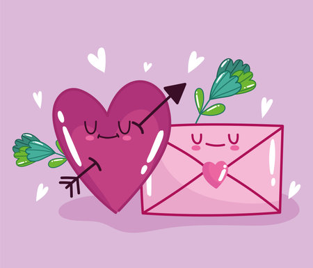 love romantic heart and envelope message flowers in cartoon style design vector illustrationのイラスト素材