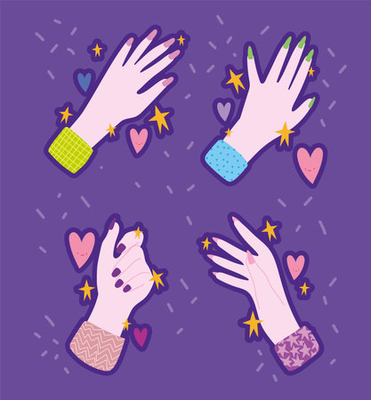 manicure icons set, female hands with different nail polish color cartoon style design vector illustrationのイラスト素材