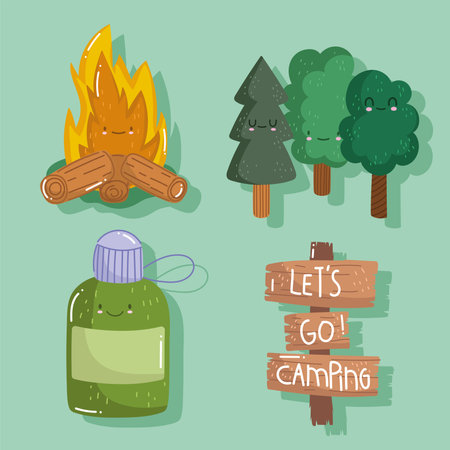 camping bonfire water bottle forest trees in cartoon style icons set vector illustrationのイラスト素材