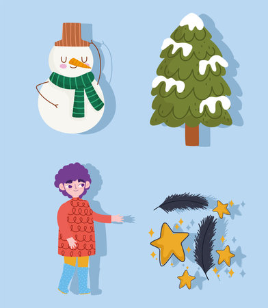 winter, boy warm clothes, snowman tree snow icons set cartoon vector illustrationのイラスト素材
